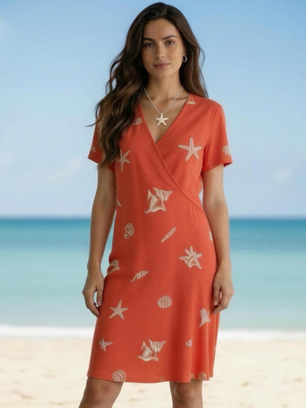 Carolyn Strauss NWT Vintage dress Coral  Texture Seashell Starfish Beach Large
